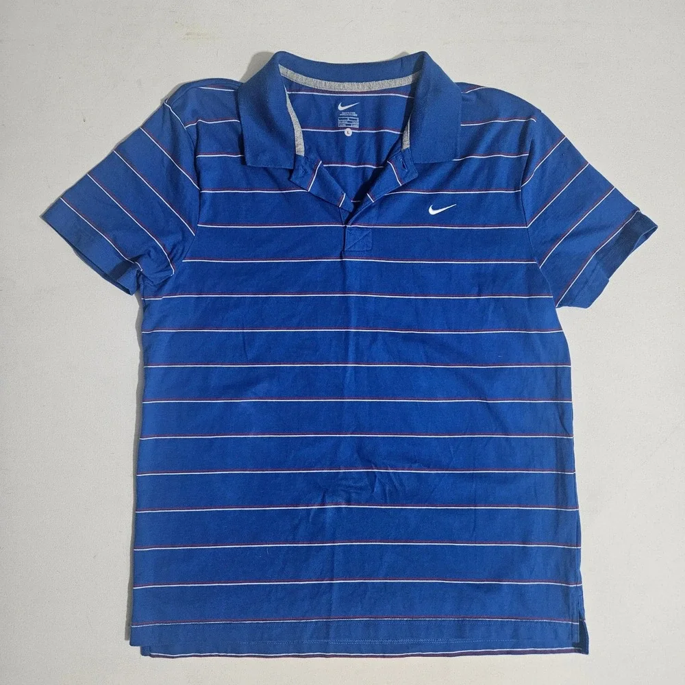 Nike Mens Blue Striped Short Sleeve Polo Shirt Large Swoosh Logo Casual Sport